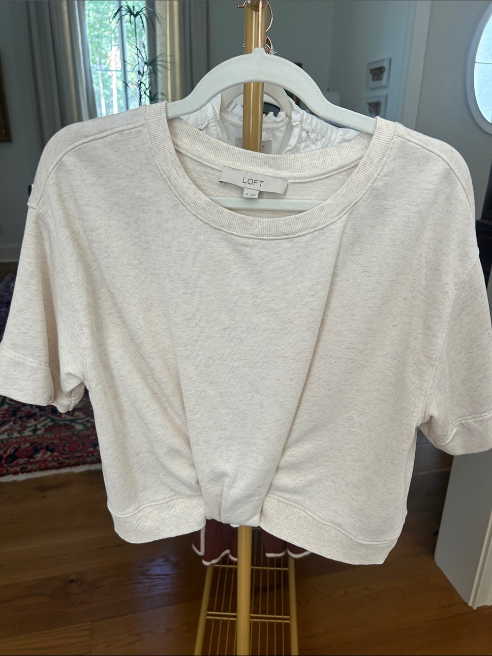 LOFT Neutral Cream Cropped Short Sleeve Top